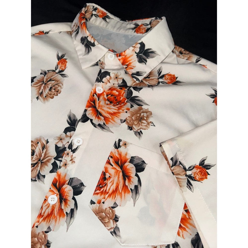 Mens Floral Button Down Shirt Short Sleeve Orange Rose Print White Size M